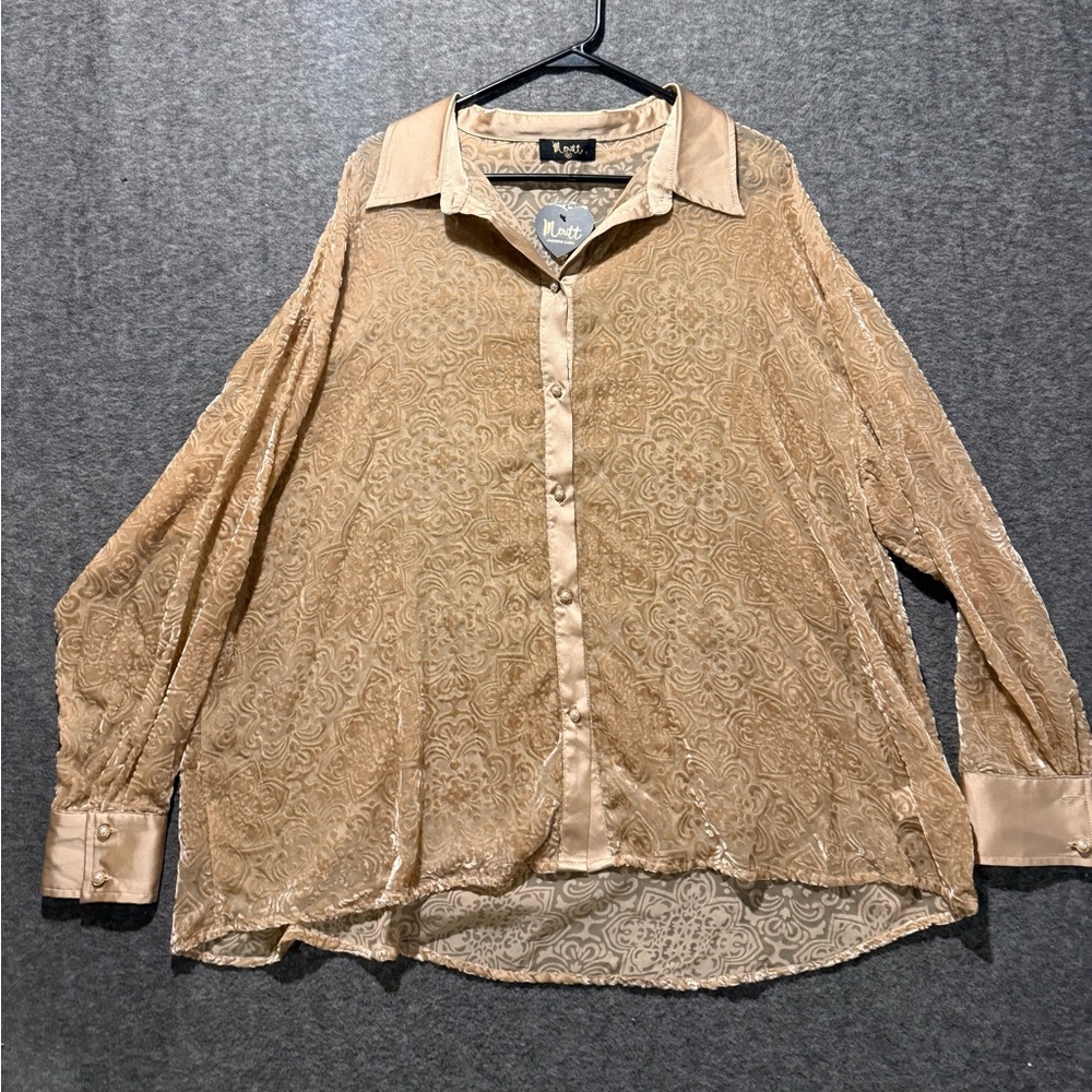Meritt Velvet Sheer Blouse Top Womens 2XL tan gold button up lightweight soft